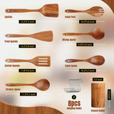 Wooden Spoons for Cooking, 8 PCS Teak Wood Cookware Utensil Set with Hooks - Smooth Finish, Non-Stick, Comfort Grip Cooking Spoons and Utensils Holder