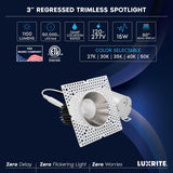LUXRITE 3-Inch LED Trimless Recessed Spotlight with Nickel Reflector Trim Replacement 15W, 1100LM, 2700K-5000K, 60° Beam Angle, Dimmable, Push-n-Lock CRI90 Damp & IC Rated, ETL White + Nickel (4 Pack)