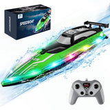 JOI MEW RC Boat with LED Lights for Kids, 2.4Ghz Remote Control Racing Boats for 8-12,Toy Water Boat for Pools & Lakes with Waterproof,Rechargeable Battery, for Boys Girls Green