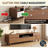 Quvex 70.8" Mid Century TV Stand for 65-80 Inch TVs, Walnut & White Entertainment Center with Storage Cabinets, Drawers, Open Shelf & Cable Management, Solid Wood Legs, Media Console for Living Room