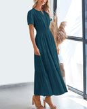 BTFBM Womens Summer 2026 Casual Midi Maxi Dresses Lightweight Short Sleeve V Neck Elastic Waist Boho Beach Dress Pockets(Lake Blue, XX-Large)