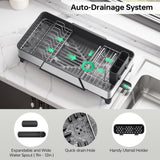 Urackify Large Dish Drying Rack - Triple Expandable Dish Rack for Kitchen Counter, Stainless Steel Sink Organization and Storage Essentials with Utensil & Pans Holder for Home and Appartment, Black