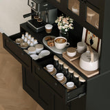 GarveeLife Tall Kitchen Pantry Cabinet with Charging Station and Microwave Stand, Storage Hutch with Drawers for Dining Room, Living Room, Black
