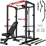 JELENS Power Cage, 2000LBS Multi-Function S11 Power Rack with LAT Pulldown, Squat Rack with Pulley System and More Training Attachments (Weight Bench Package)