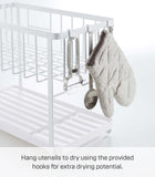 YAMAZAKI Home Two-Tier Adjustable Dish Drainer Rack, Compact Drying Rack with Hooks, Utensils Holder, Steel, Draining Spout, Water Resistant, No Assembly Req.