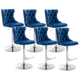 MOOLSUN Rotating Velvet Bar Stools Set of 6, Modern Padded with Nailhead Trim and Tufted Back, Adjustable Swivel Counter Height Stools for Kitchen Island, Bar, Club,Blue(Silver Base)