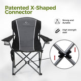 ALPHA CAMP Oversized Camping Folding Chair Heavy Duty Steel Frame Support 350 LBS Collapsible Padded Arm Chair with Cup Holder Quad Lumbar Back Chair Portable for Outdoor/Indoor (Black grey-2PC)