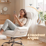 SEDETA Cross Legged Office Chair with Flip Armrests, 4 Headrest Angles, Big and Tall Criss Cross Chair with 30'' High Back, 155° Reclining, Foot Rest, Waist Pillow, Wide Seat, White PU Leather