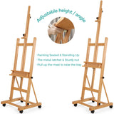 VISWIN Extended Large H-Frame Easel for Painting, Adjustable Beech Wood Artist Easel Stand with 4 Wheels & Storage Tray, Foldable Art Easel Floor for Adults, Hold Canvas up to 93" - N