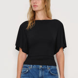 SeeLuNa Women Cinched Waist Shirts Stretchy Dolman Sleeve Boat Neck Knit Top Trendy Streetwear Outfits Basic Workout Tee Tops(Black,XS)