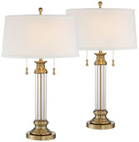 Vienna Full Spectrum Rolland Traditional Table Lamps 30" Tall Set of 2 Clear Glass Column Antique Brass Gold Off-White Fabric Drum Shade for Bedroom Living Family Room Bedside Nightstand House Home