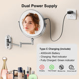 9" Wall Mounted Lighted Makeup Mirror,4000mAh Rechargeable Double Sided 1X/10X Magnifying Mirror with Light,3 Color Lights,Touch Dimmable,Extended Arm 360 Rotation Wall Mounted Makeup Mirror