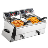 ROVSUN 24.9QT Electric Deep Fryer w/Frying Baskets Timer Drains & Lids, Dual Tank Kitchen Countertop Commercial Frying Machine, Adjustable Temperature, for French Fries Donuts Onion Rings, 3400W 110V