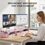 OPNICE Desk Organizers and Accessories, Dual Monitor Stand Riser with Drawer and 2 Pen Holders, Desk Shelf Computer Racks & Printer Stand for Office Workspace Organizers, Desktop Organization (Pink)