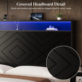 Uteeran Queen Size Bed Frame with 2 Bedside Storage Racks & 4 Locking Drawers, 51.2" Tall Headboard with Charging Station & RGB LED Lights, Farmhouse Platform Bed Frame, No Box Spring Needed, Black