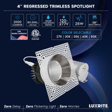 LUXRITE 4-Inch LED Trimless Recessed Spotlight with Nickel Reflector Trim Replacement 25W, 2000LM, 5CCT, 38° Beam Angle, Dimmable, Push-n-Lock, CRI90, Damp & IC Rated, ETL White + Nickel (4 Pack)