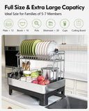 Extra Large Two Tier Stainless Steel Dish Drainer Drying Rack with Drainboard for Kitchen Counter, Modern Black and Silver, Rust Proof Metal, Space Saving Double Countertop Big Plates Dryer and Tray