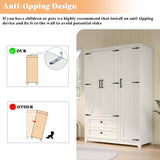 AMERLIFE Farmhouse 3 Door Wardrobe Closet with 2 Drawers & Hanging Rod, 47" Large Armoire Storage Cabinet with Adjustable Shelves, Freestanding Clothing Organizer for Bedroom, White