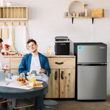 Upstreman 3.1 Cu.Ft Mini Fridge with Freezer, Double Door Small Fridge, Dorm Essentials, Adjustable Thermostat, Energy Saving, Mini Refrigerator for Office, Dorm,Bedroom, Stainless