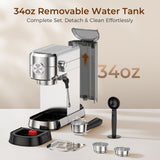 Electactic Espresso Machine 20 Bar, Compact Espresso Coffee Maker with Steam Milk Frother, Stainless Steel Coffee Machine with 34oz Removable Water Tank for Cappuccino, Latte