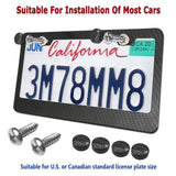 Carbon Fiber License Plate Frame- Black Aluminum Auto Car Tag Cover, 2 Pack Heavy Duty Holder for US Front and Rear Plate, with Mounting Hardware Kit- Screws Bolts, Inserts, Caps, Rattle Proof Pads