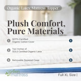 My Green Mattress Organic Latex Mattress Topper - 2 Inch GOLS Certified Dunlop Latex, GOTS Cotton Removable Cover, Breathable Soft Comfort Layer for Mattress Upgrade, Natural Color - Full XL