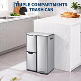 Triple Compartment Stainless Steel Trash and Recycling Bin Combo,16 Gallon,Removable Inner Buckets,Collapsible Foot Pedal,Indoor Use for Kitchen Home Office
