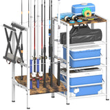 Tigerden Fishing Rod Holders for Garage, Fishing Pole Holder Stand with Multifunctional Hook, 4 Tier Fishing Gear Equipment Organizers Rack, Fits Most Rods of 1.58" for Home Entryway Corner, White