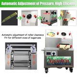 EQCOTWEA Commercial Sugarcane Juicer Machine 3-Roller Stainless Steel Sugar Cane Press Extractor 110V AC & 24V DC Dual Power Vertical Juice Press with Transformer for Sugarcane Juice Shop Home Use