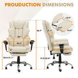HOMREST 6-Point Massage Executive Chair,Heat Office Chair,Ergonomic Home Office Desk Chairs with Retractable Footrest and Reclining Function,Leather Computer Chair with Adjustable Armrest(‌Off White)
