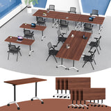 Folding Conference Table with Wheels, Flip-Top Mobile Training Table Modular Conference Room Tables, Space Saving Seminar Meeting Tables for Office School Business Classroom(Walnut 1 8PCS 55.1in)