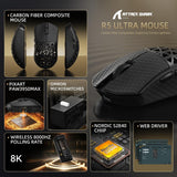 ATTACK SHARK R5 Ultra Wireless Gaming Mouse,Carbon Fiber Shell 39g Superlight,PAW3950MAX Nordic 52840 MCU 8K Polling 42K DPI Optical Sensor,BT/2.4G/USB-C Wired Mice with Coiled Cable-Black&Griptape