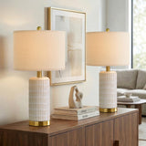 PoKat Small Bedside Table Lamps Set of 2 for Bedroom Living Room, 21.5'' Modern Ceramic Nightstand Lamps with Gold Base, Farmhouse Table Lamps for Office End Side Table Console, White and Beige