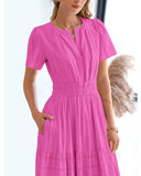 BTFBM Womens Summer 2026 Casual Midi Maxi Dresses Lightweight Short Sleeve V Neck Elastic Waist Boho Beach Dress Pockets(Rose Red, Small)