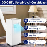10000 BTU Portable AC with White Body and Black Top Cover, Cooling, Dehumidifying & Fan Functions, Quiet Operation for Rooms Up to 450 Sq Ft, 24-Hour Timer & Easy Setup
