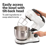 Hamilton Beach Electric Stand Mixer, 4 Quarts, Dough Hook, Flat Beater Attachments, Splash Guard, 7 Speeds with Whisk, Easy-Carry Top Handle, White