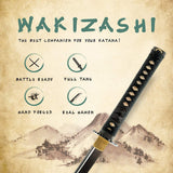HMS Japanese Samurai Katana and Wakizashi Daisho Combo Set, Warrior and House Tsuba, Hand Forged Heat Tempered, 1045 Carbon Steel, Black Wooden Scabbard