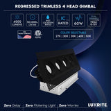 LUXRITE 4-Head Regressed Trimless Gimbal LED Recessed Spotlight, 360°+15° Swivel Rotation, 5CCT 2700K-5000K, CRI90, 60W, 4000 Lumens, 60° Beam, Rectangle Black, Dual Dimmable, IC & Wet Rated (4 Pack)