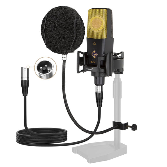 XLR Podcast Microphone Professional Cardioid Studio Condenser Microphone 25mm Large Diaphragm Computer PC Gaming Mic Kit with Upgrade Pop Filter for Vocal Recording,Streaming,YouTube C414 PROAR