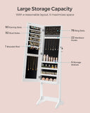 SONGMICS Mirror Jewelry Cabinet Armoire, Standing Full-Length Mirror, Lockable Jewelry Organizer, Gift Idea, White Surface and Black Lining UJJC69WT
