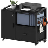 HSH File Cabinet with Wheels with Locks,Black Mobile Filing Cabinet for Legal/Letter Size, Wood Metal Printer Stand with Shelves