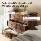 HULALA HOME 3-Drawer Nightstand with Charging Station, Drawer Organizer with Wood Legs, Farmhouse Solid Wood Nightstand Set of 2(Walnut)