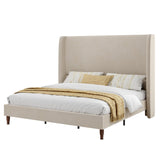 PaPaJet King Bed Frame Velvet Upholstered 51.2" Tall Headboard, Off-White