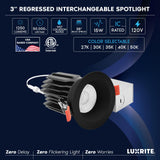 LUXRITE 3 Inch LED Regressed Canless Spotlight + Round Black Interchangeable Trim, 5CCT 2700K-5000K, Twist N' Lock, Recessed Lighting, 15W, 1250LM, CRI90, Dimmable, 38° Beam, IC & Wet Rated (6 Pack)