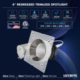 LUXRITE 4-Inch LED Trimless Recessed Spotlight with Nickel Reflector Trim Replacement 25W, 2000LM, 5CCT, 60° Beam Angle, Dimmable, Push-n-Lock, CRI90, Damp & IC Rated, ETL White + Nickel (4 Pack)