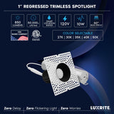 LUXRITE 1-Inch LED Trimless Recessed Spotlight with Black Reflector Trim Replacement 10W, 850LM, 2700K-5000K, 60° Beam Angle, Dimmable, Push-n-Lock, CRI90, Damp & IC Rated, ETL White + Black (4 Pack)