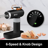 Kitchen in the box Cordless Rechargeable Hand Mixer for Kitchen, Portable Handheld Electric Mixer with Beaters, Whisks, 6-Speed Digital Display, Charging Base and USB-C Charge Cable (Classic Black)