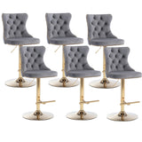 MOOLSUN Rotating Velvet Bar Stools Set of 6, Modern Padded with Nailhead Trim and Tufted Back, Adjustable Swivel Counter Height Stools for Kitchen Island, Bar, Club,Gray(Gold Base)