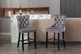 MOOLSUN Set of 4 Blue Velvet Bar Stools - Classic Fixed Height Design with Button Tufted Seat, Solid Wood Frame & Chrome Nailheads, Perfect for Standard Kitchen Island & Home Bar,Gray(Wood Leg)