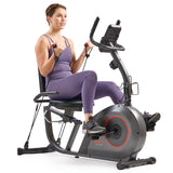 Sunny Health & Fitness Smart Recumbent Bike w/Workout Bands, 300LB Capacity Compact Equipment for Indoor Full-Body Exercise, Adjustable Cushion Seat